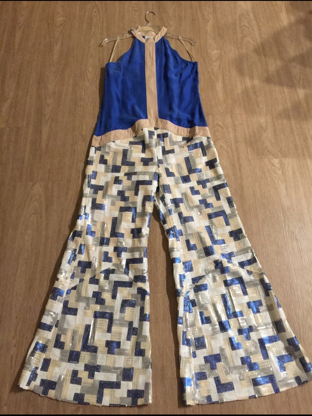 Blue and Cream Sequin Wide-Leg Jumpsuit